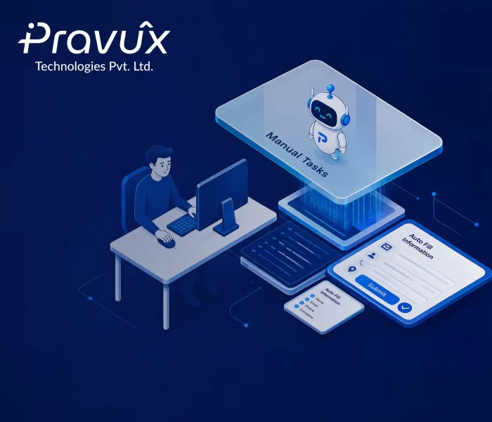Illustration of an AI-powered form automation system by Pravux Technologies Pvt. Ltd. showing a user at a computer while an AI assistant automates manual tasks and pre-fills form information. The graphic highlights how artificial intelligence reduces repetitive data entry, speeds up workflows, minimizes errors, and streamlines digital processes through smart form automation.