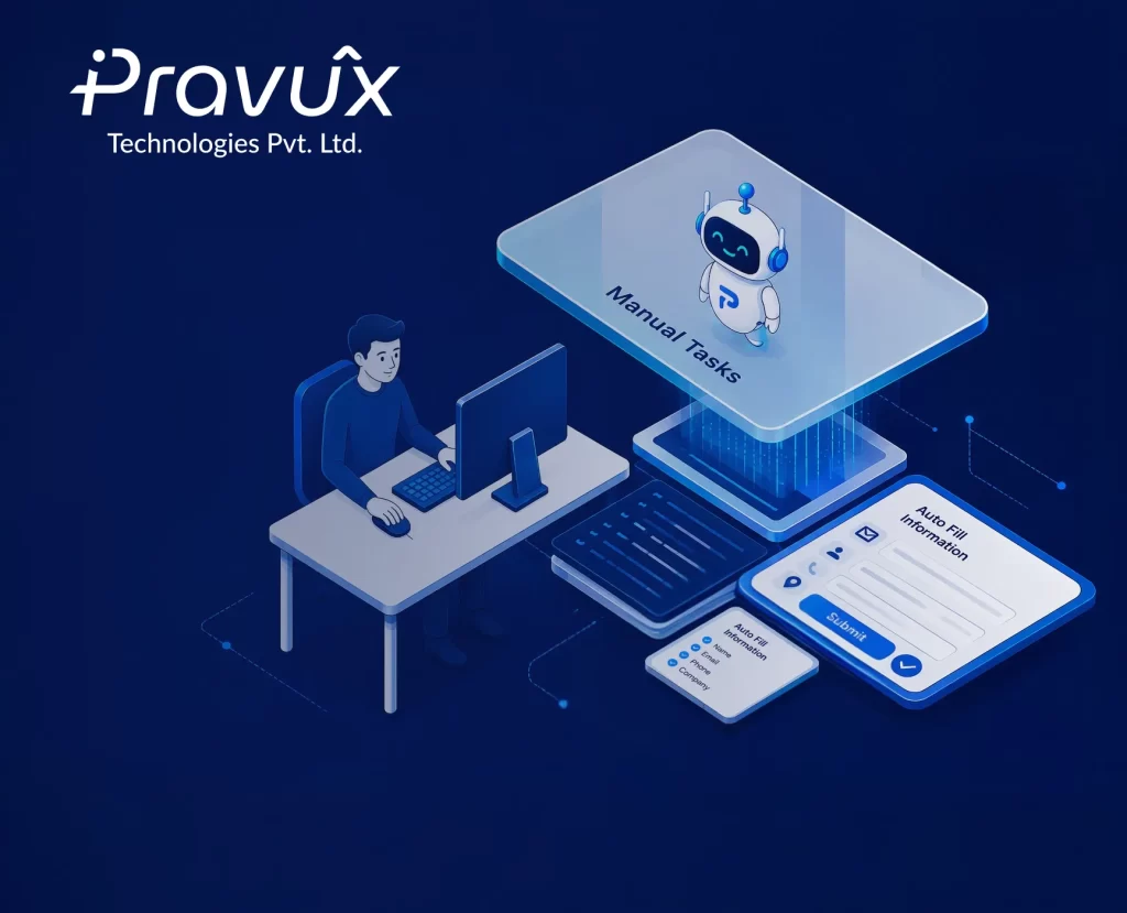 Illustration of an AI-powered form automation system by Pravux Technologies Pvt. Ltd. showing a user at a computer while an AI assistant automates manual tasks and pre-fills form information. The graphic highlights how artificial intelligence reduces repetitive data entry, speeds up workflows, minimizes errors, and streamlines digital processes through smart form automation.